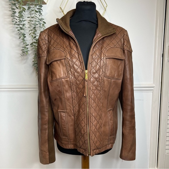Michael kors brown tan leather with wool collar aviation style bomber jacket xl - Picture 2 of 12